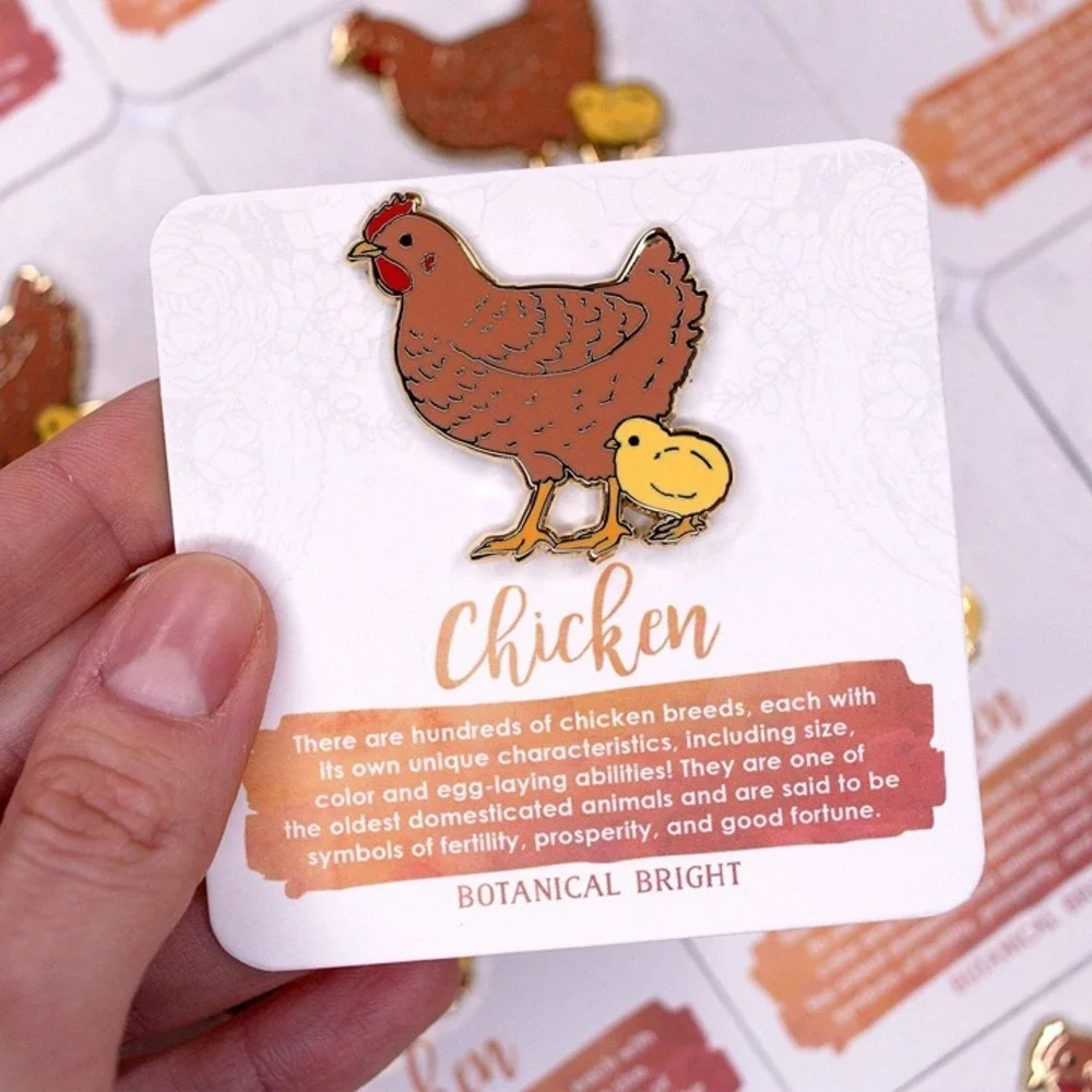 Chicken & Chick Bird Enamel Pin - Gold Plated Farm Animal Jewelry & Brooch‎